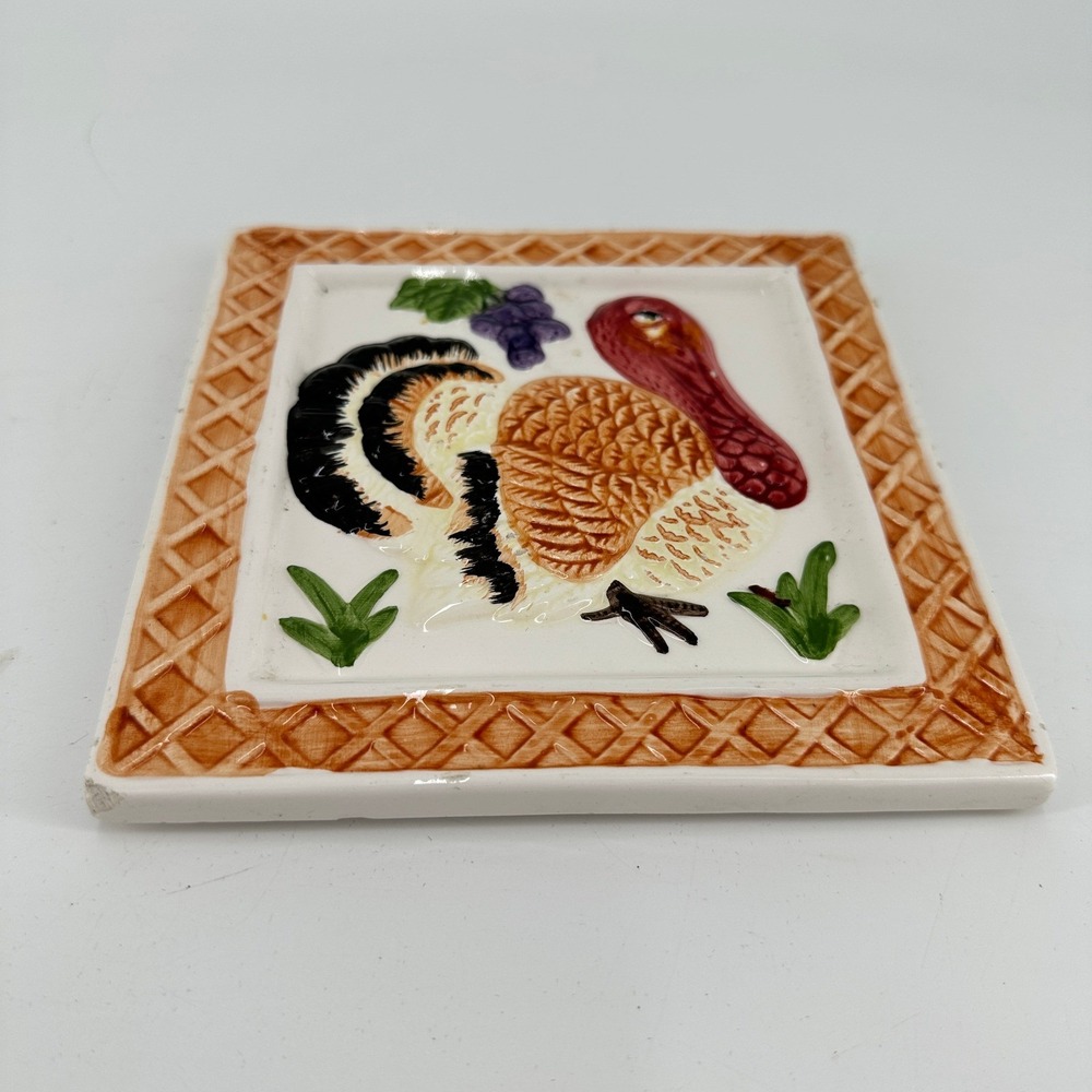 Vintage 1996 Jay Import Ceramic Turkey Trivet Thanksgiving Decor Lattice Border